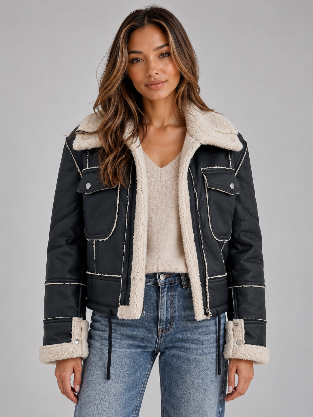 Juliette | Women's Shearling Look Aviator Jacket Faux Fur Collar Zip-Up Coat