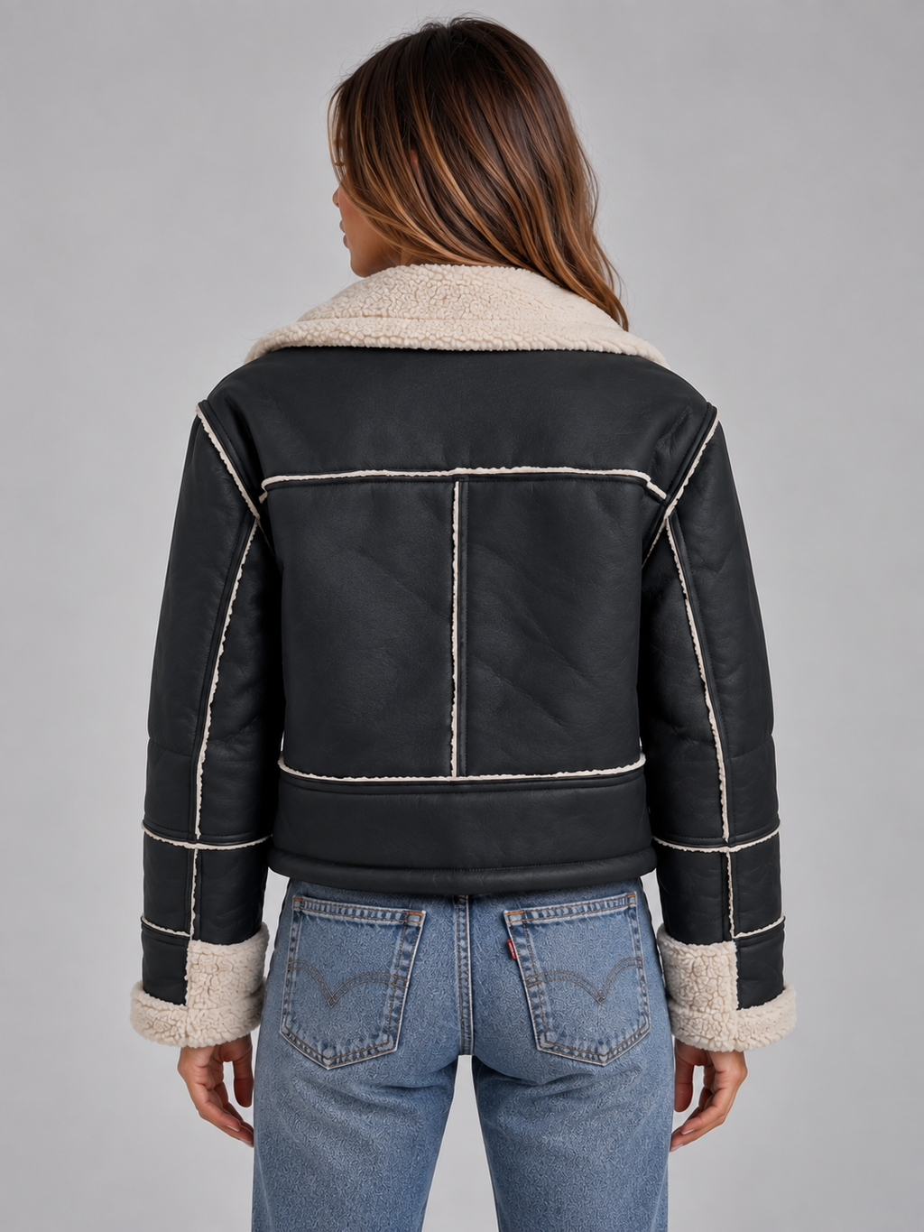 Juliette | Women's Shearling Look Aviator Jacket Faux Fur Collar Zip-Up Coat