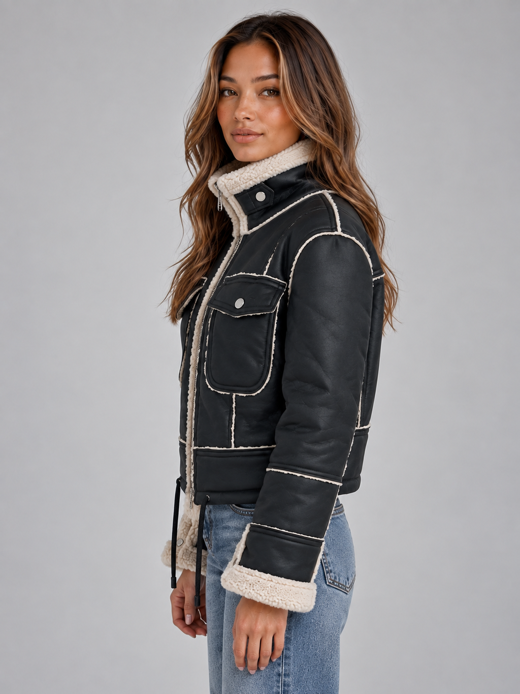 Juliette | Women's Shearling Look Aviator Jacket Faux Fur Collar Zip-Up Coat