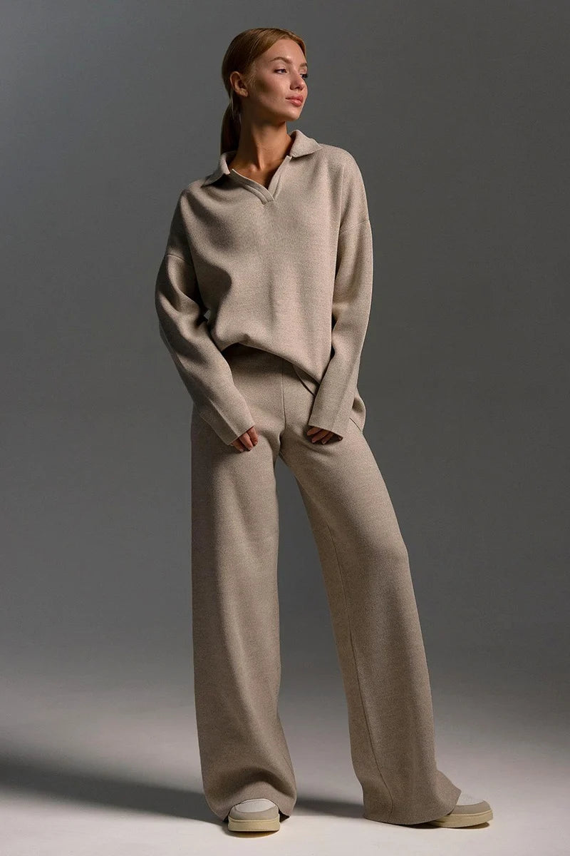 Kamila | Women's Polo Collar Knit Co-ord Set Wide Leg Trouser Coordinated Cosy Autumn Winter