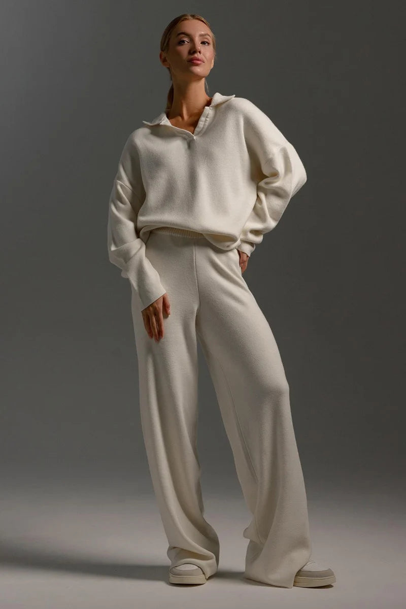 Kamila | Women's Polo Collar Knit Co-ord Set Wide Leg Trouser Coordinated Cosy Autumn Winter