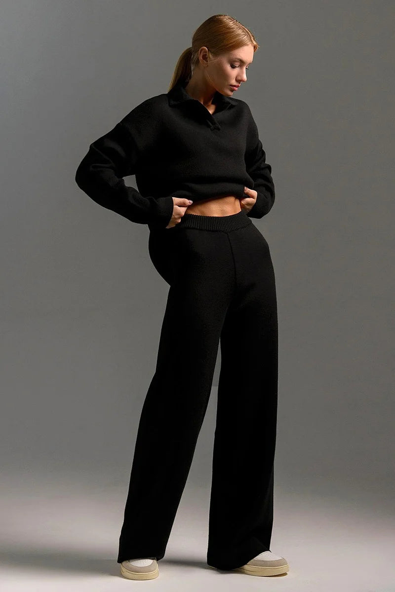 Kamila | Women's Polo Collar Knit Co-ord Set Wide Leg Trouser Coordinated Cosy Autumn Winter