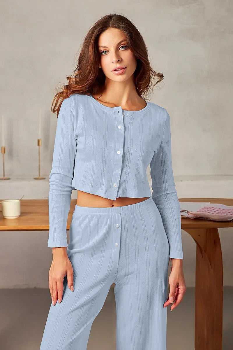 Karen | Women's Cutout Jacquard Long Sleeve Co-ord Set Textured Casual Autumn Winter