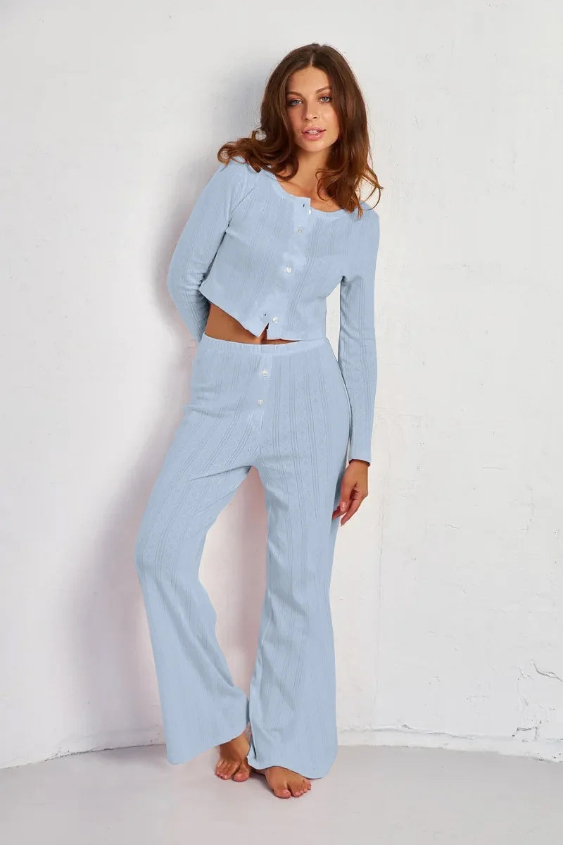 Karen | Women's Cutout Jacquard Long Sleeve Co-ord Set Textured Casual Autumn Winter