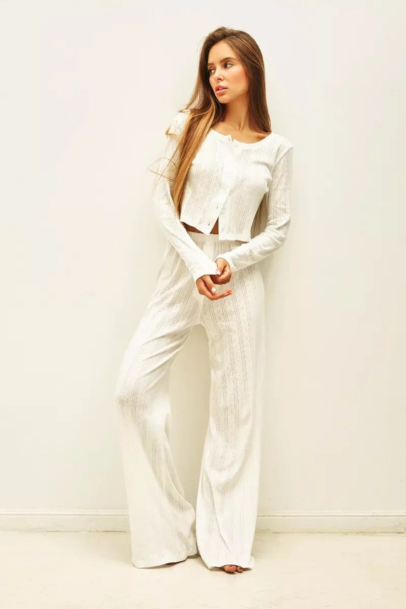 Karen | Women's Cutout Jacquard Long Sleeve Co-ord Set Textured Casual Autumn Winter