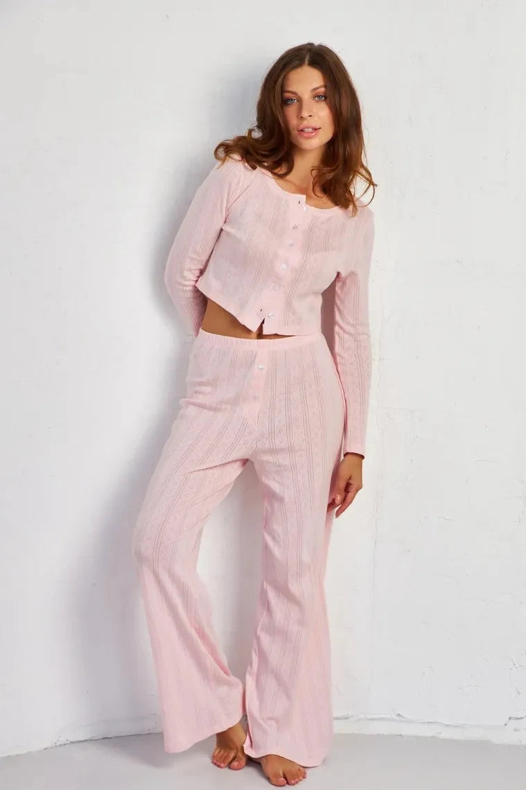 Karen | Women's Cutout Jacquard Long Sleeve Co-ord Set Textured Casual Autumn Winter