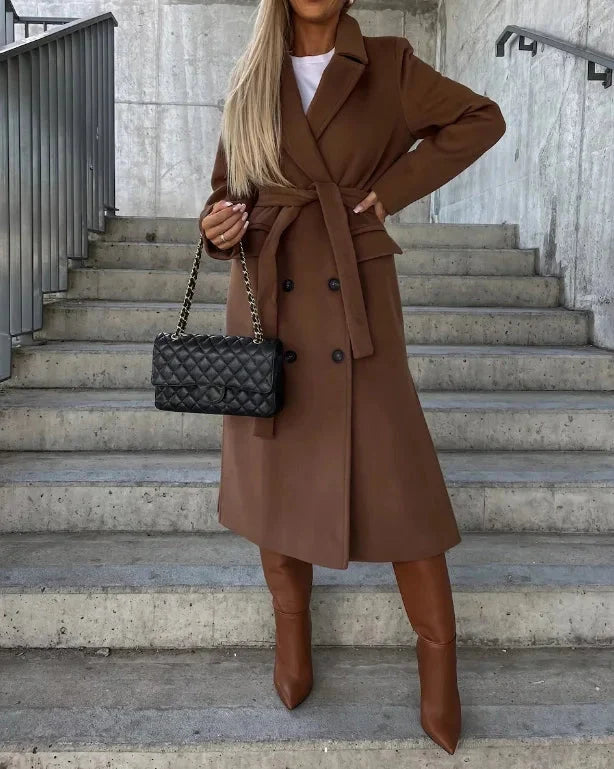Khloe | Women's Long Belted Double Breasted Trench Coat Notch Lapel Tailored Autumn Winter