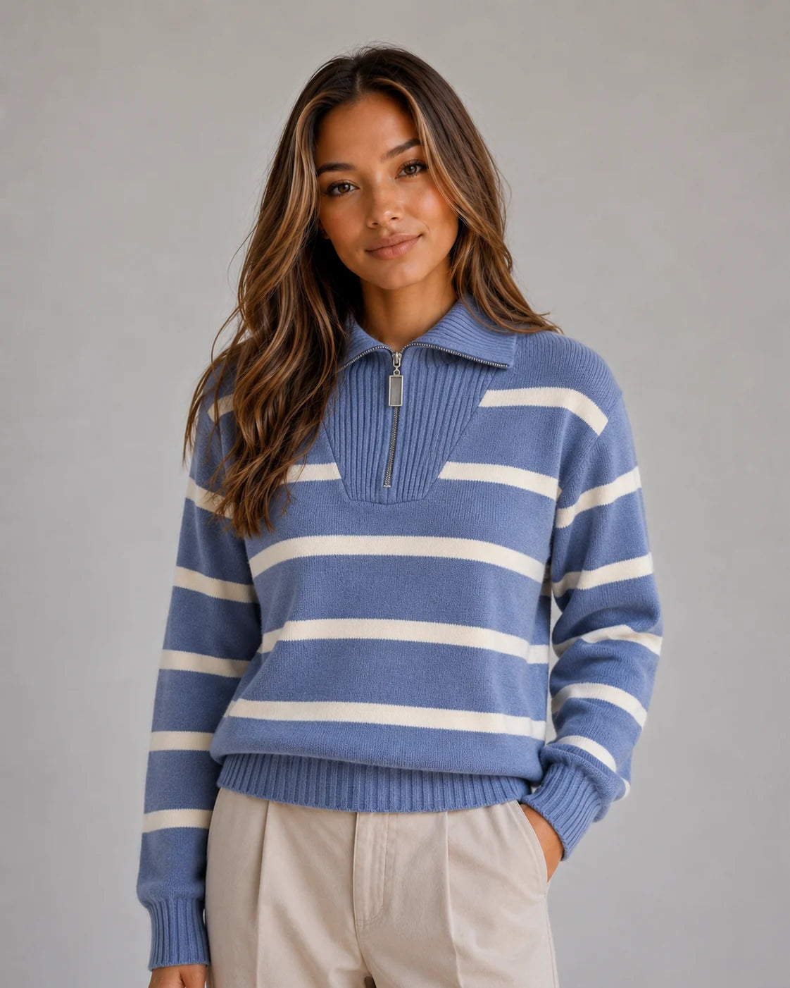 Laurel | Women's Striped Half Zip Knit Sweater Relaxed Collar Cosy Autumn Winter