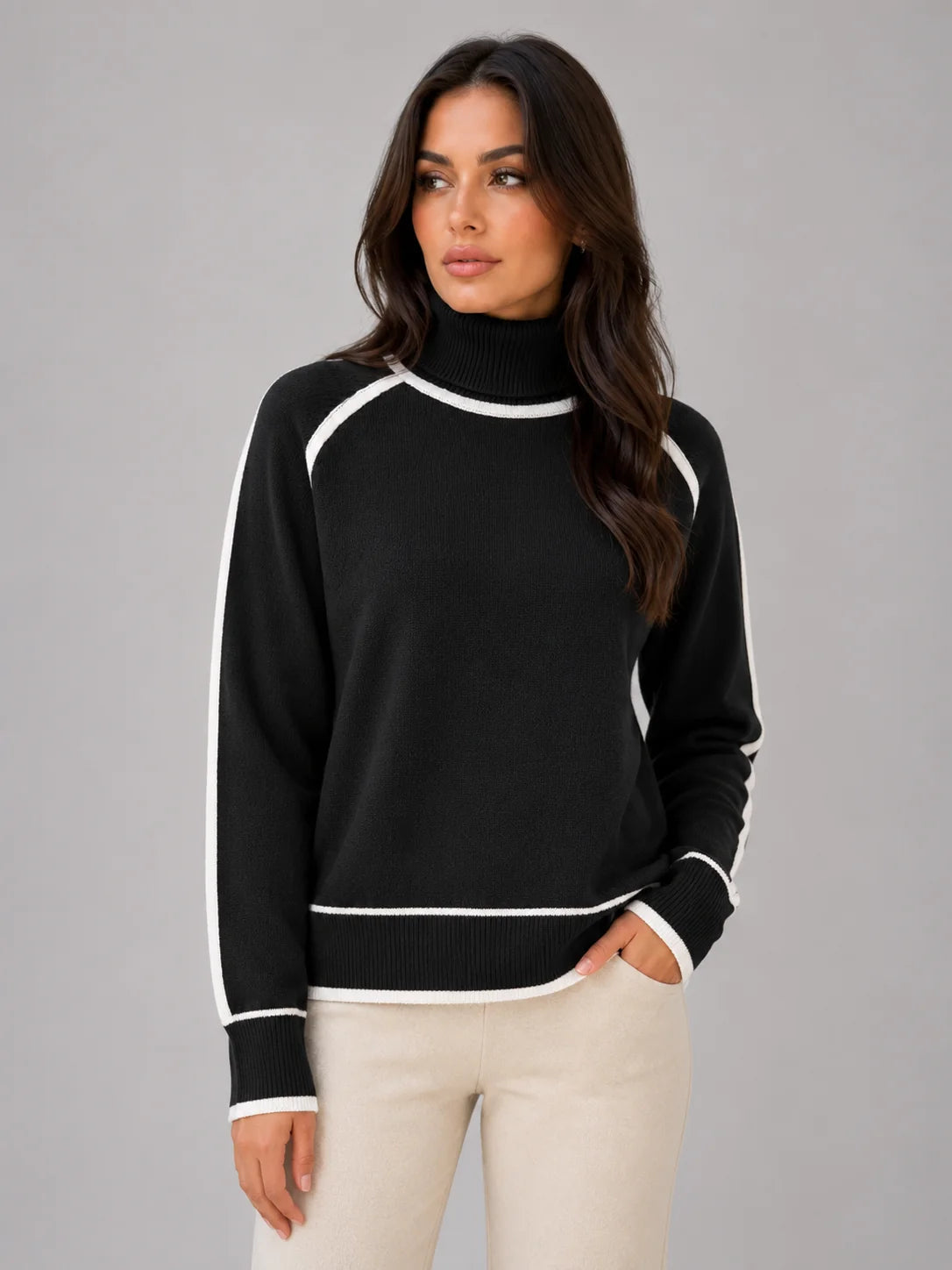 Liana | Women's Roll Neck Knit Sweater Contrast Trim Relaxed Cosy Autumn Winter