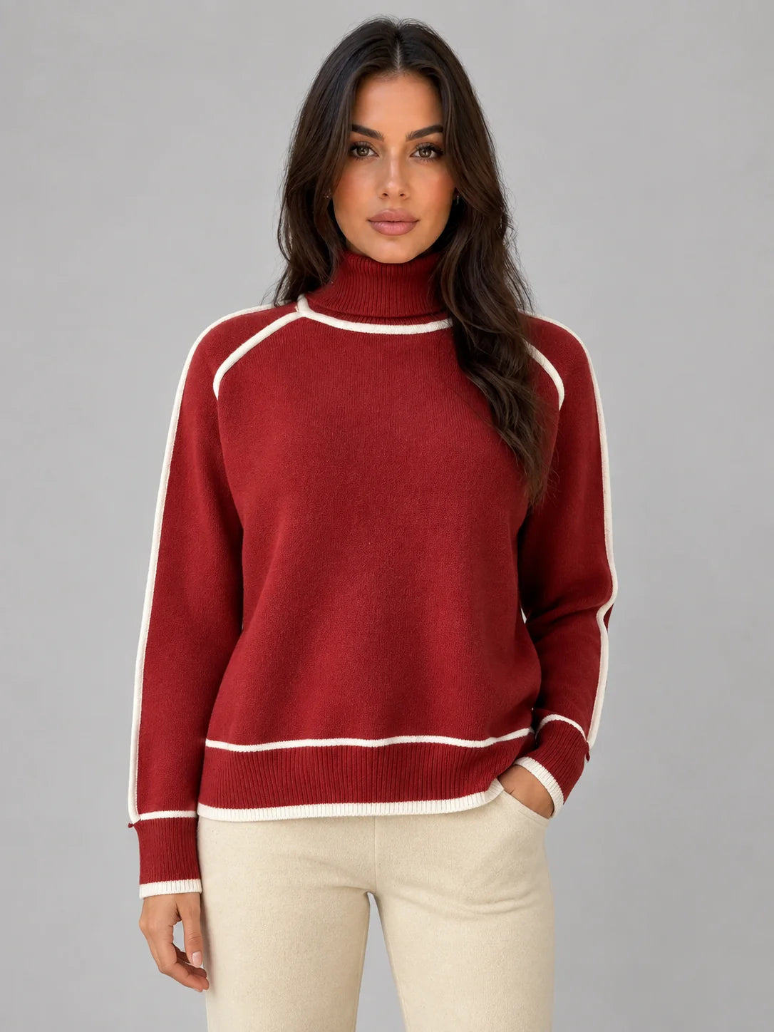 Liana | Women's Roll Neck Knit Sweater Contrast Trim Relaxed Cosy Autumn Winter