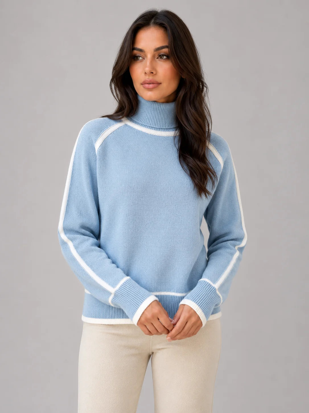 Liana | Women's Roll Neck Knit Sweater Contrast Trim Relaxed Cosy Autumn Winter