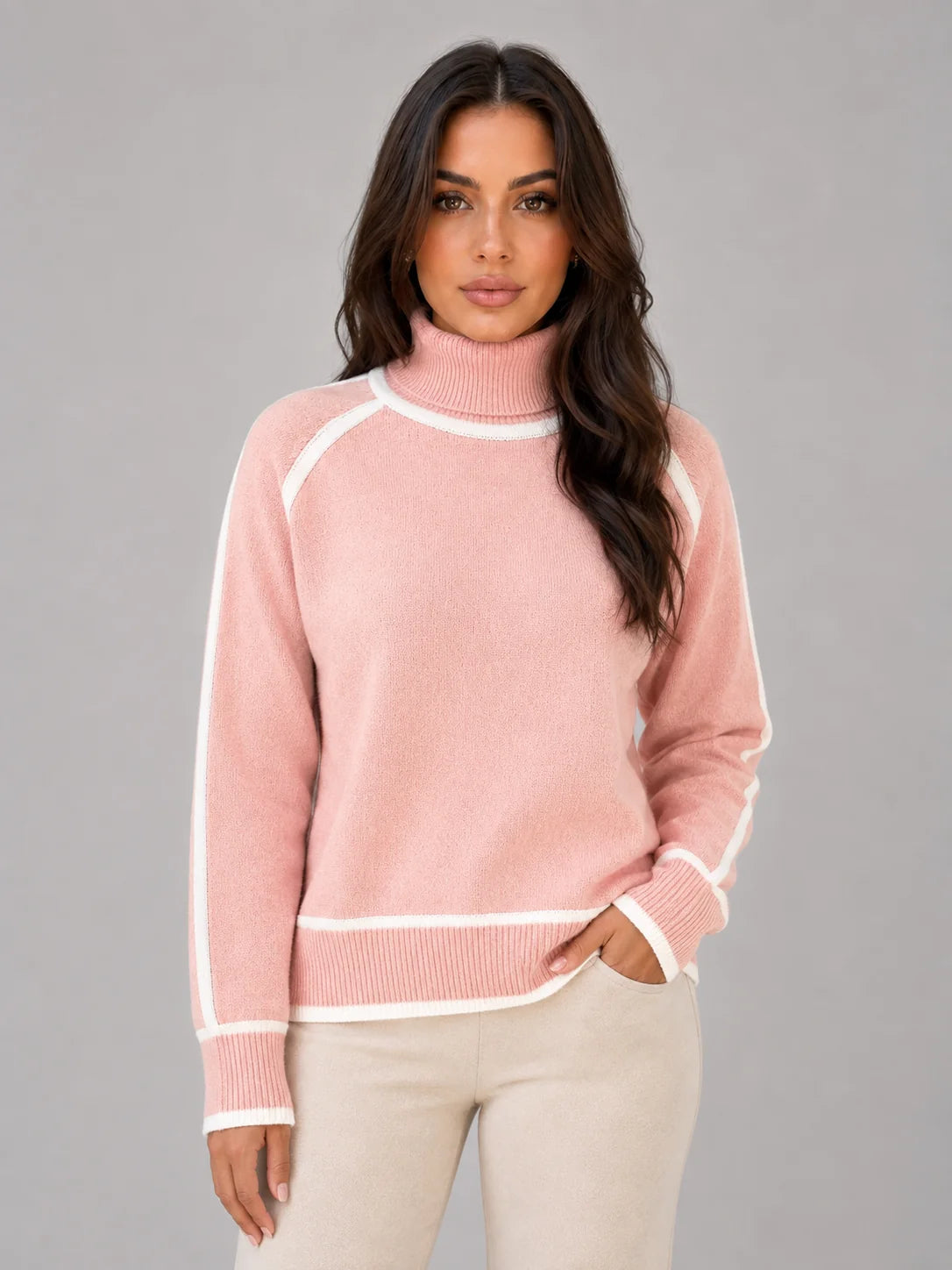 Liana | Women's Roll Neck Knit Sweater Contrast Trim Relaxed Cosy Autumn Winter