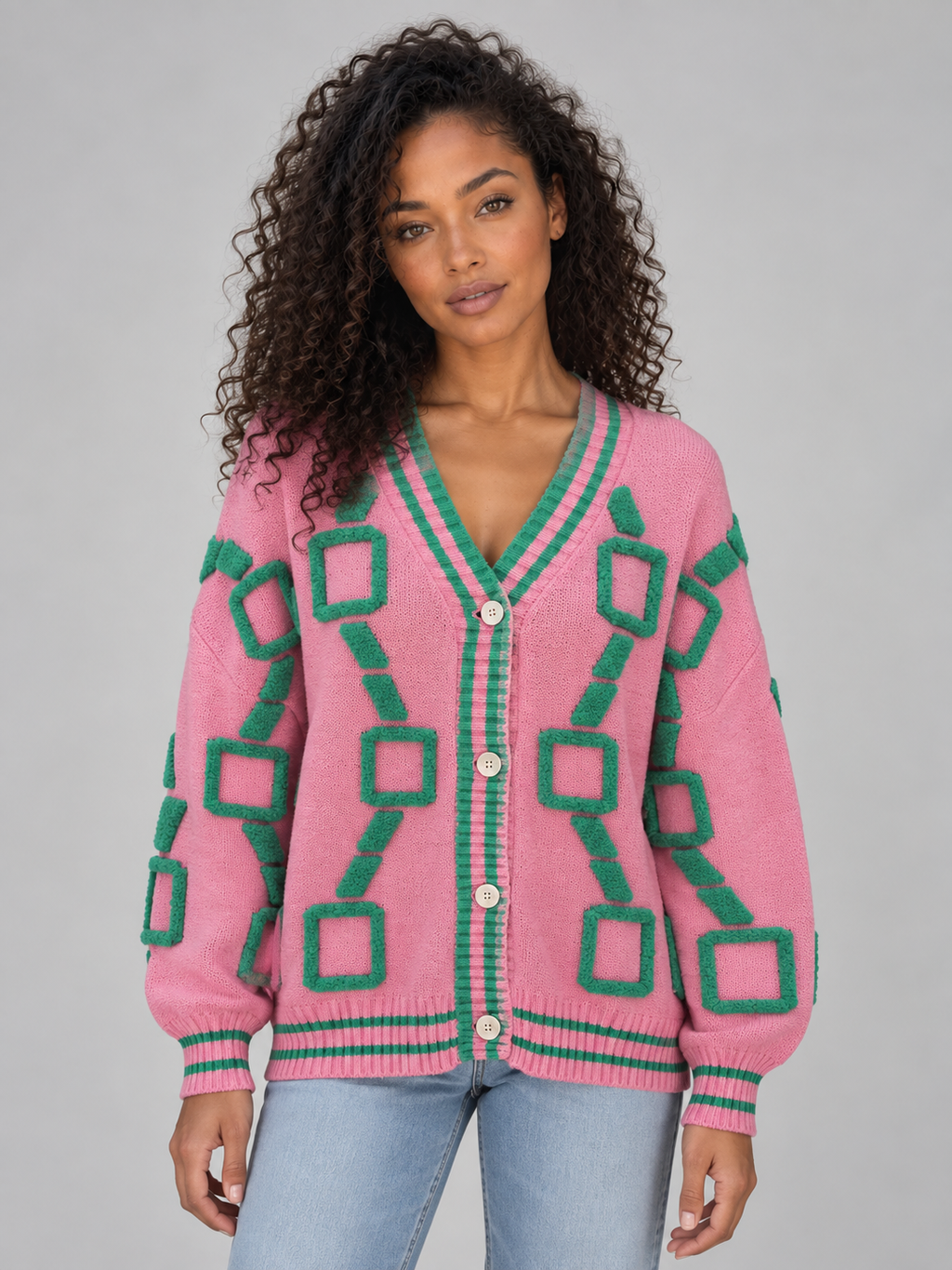 Linnea | Women's Geometric Pattern V-Neck Cardigan Button Front Knitted Jumper