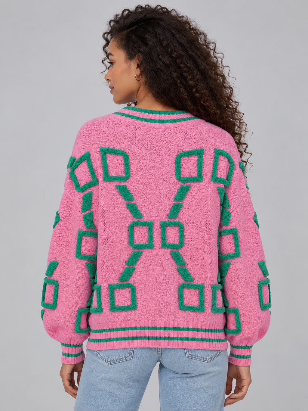 Linnea | Women's Geometric Pattern V-Neck Cardigan Button Front Knitted Jumper