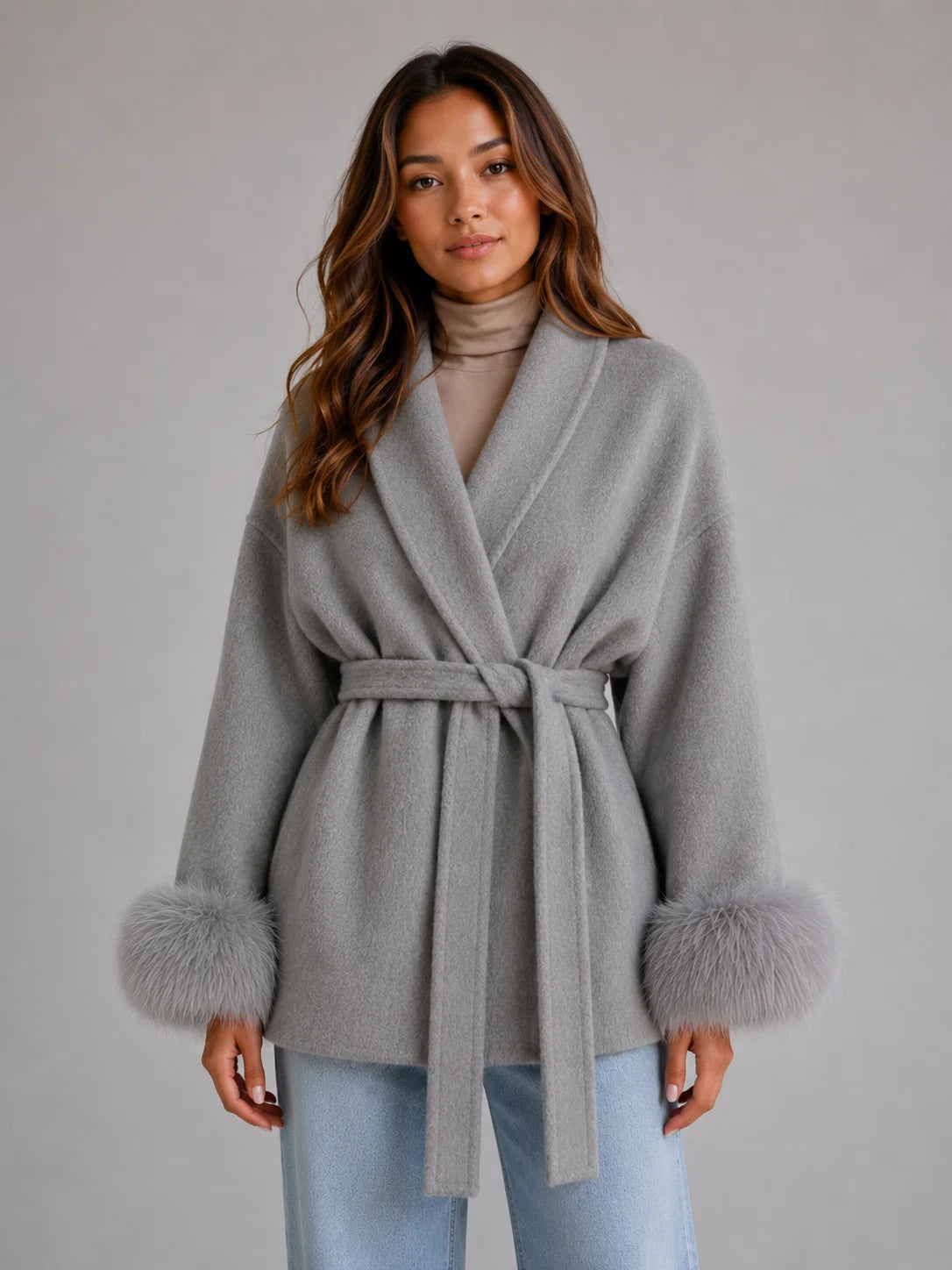 Livia | Women's Belted Wool Blend Coat Faux Fur Trim Shawl Collar Elegant Autumn Winter