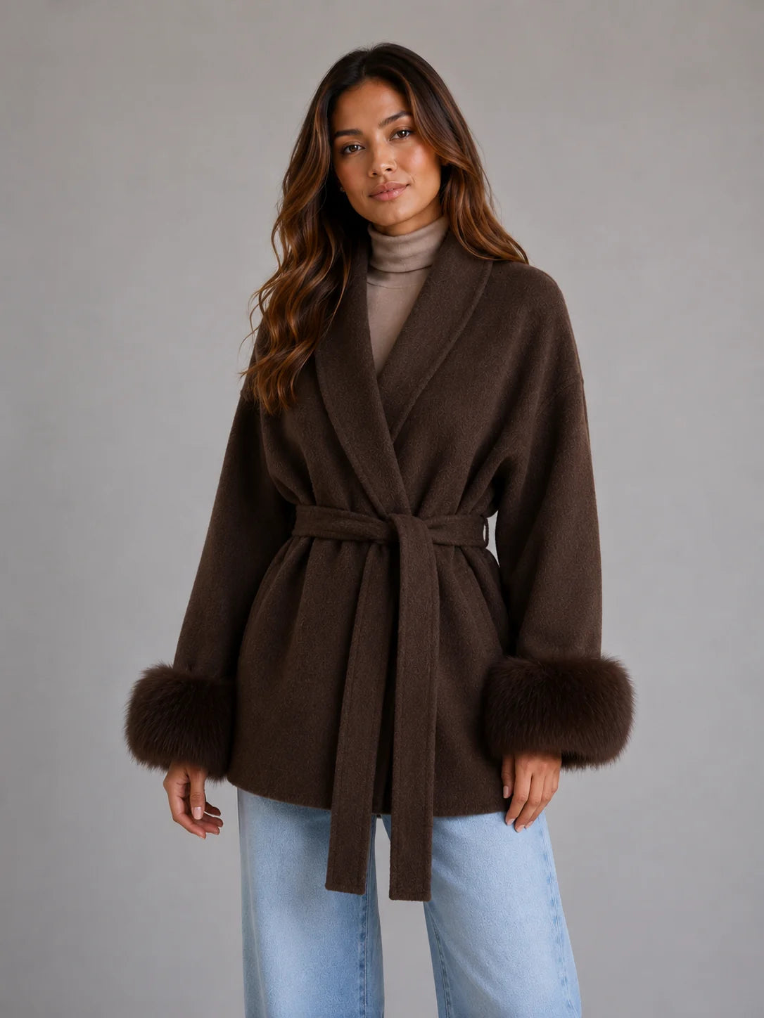 Livia | Women's Belted Wool Blend Coat Faux Fur Trim Shawl Collar Elegant Autumn Winter
