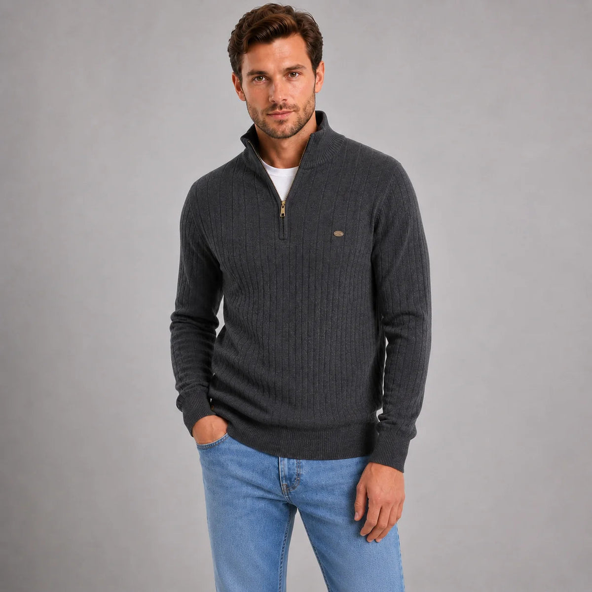 Lukas | Men's Quarter Zip Ribbed Funnel Neck Sweater Knit Smart Casual Autumn Winter