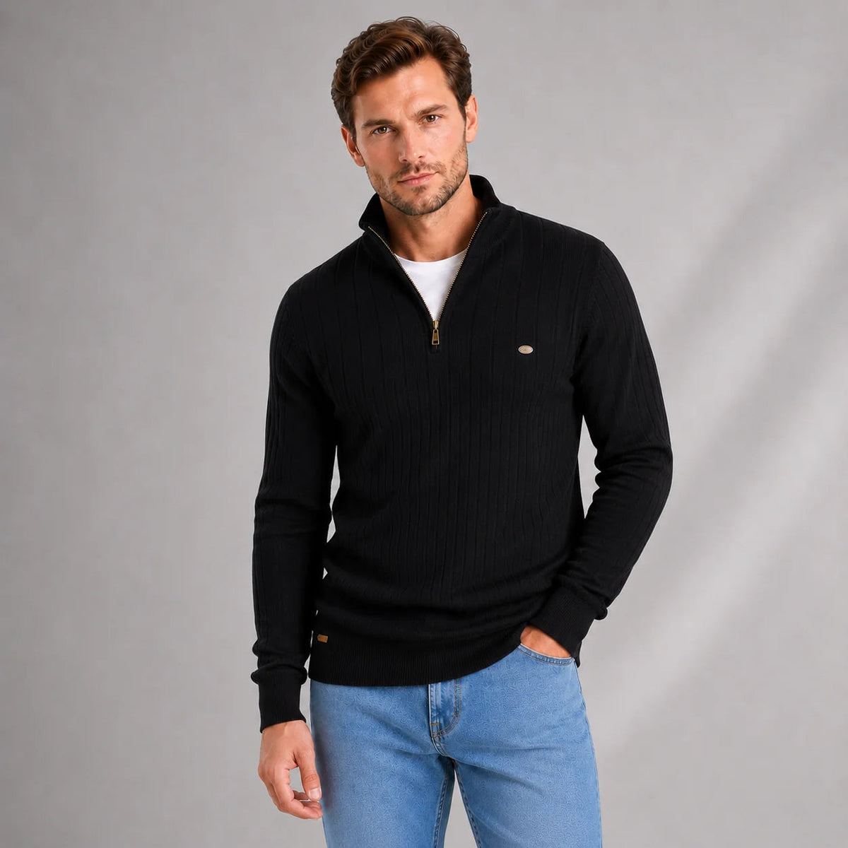 Lukas | Men's Quarter Zip Ribbed Funnel Neck Sweater Knit Smart Casual Autumn Winter