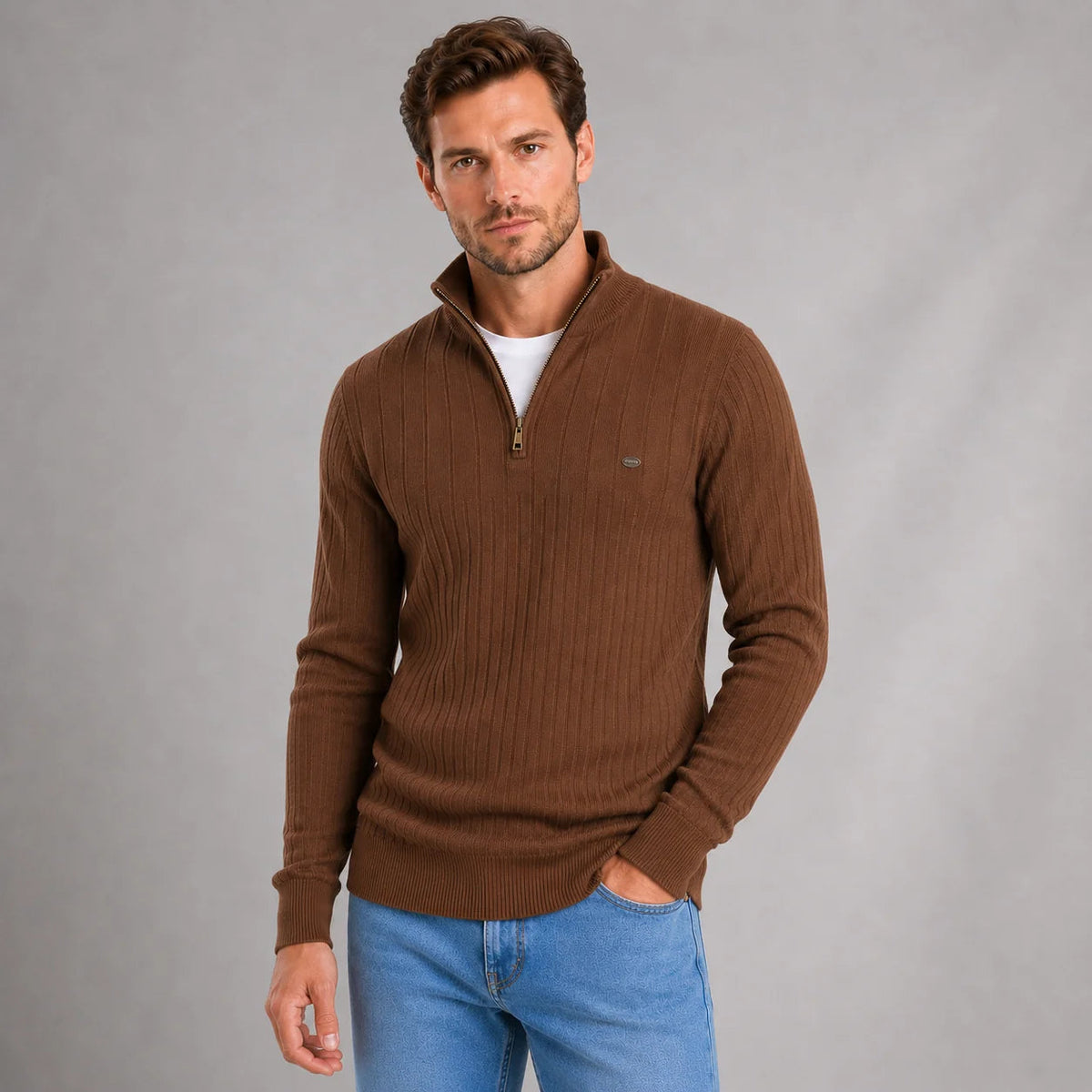 Lukas | Men's Quarter Zip Ribbed Funnel Neck Sweater Knit Smart Casual Autumn Winter