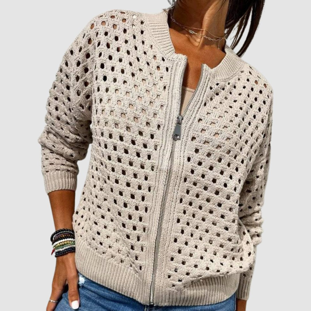 Luna | Women's Hollow Knit Cardigan Full Length Zip Relaxed Autumn Winter