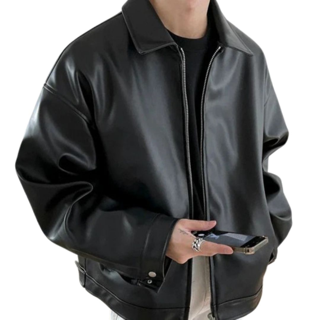 Martin | Men's Leather Bomber Jacket, Streetwear Oversized Winter Jacket - Black