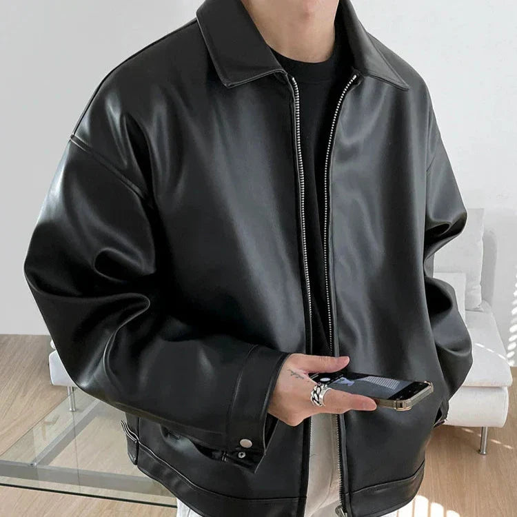 Martin | Men's Leather Bomber Jacket, Streetwear Oversized Winter Jacket - Black