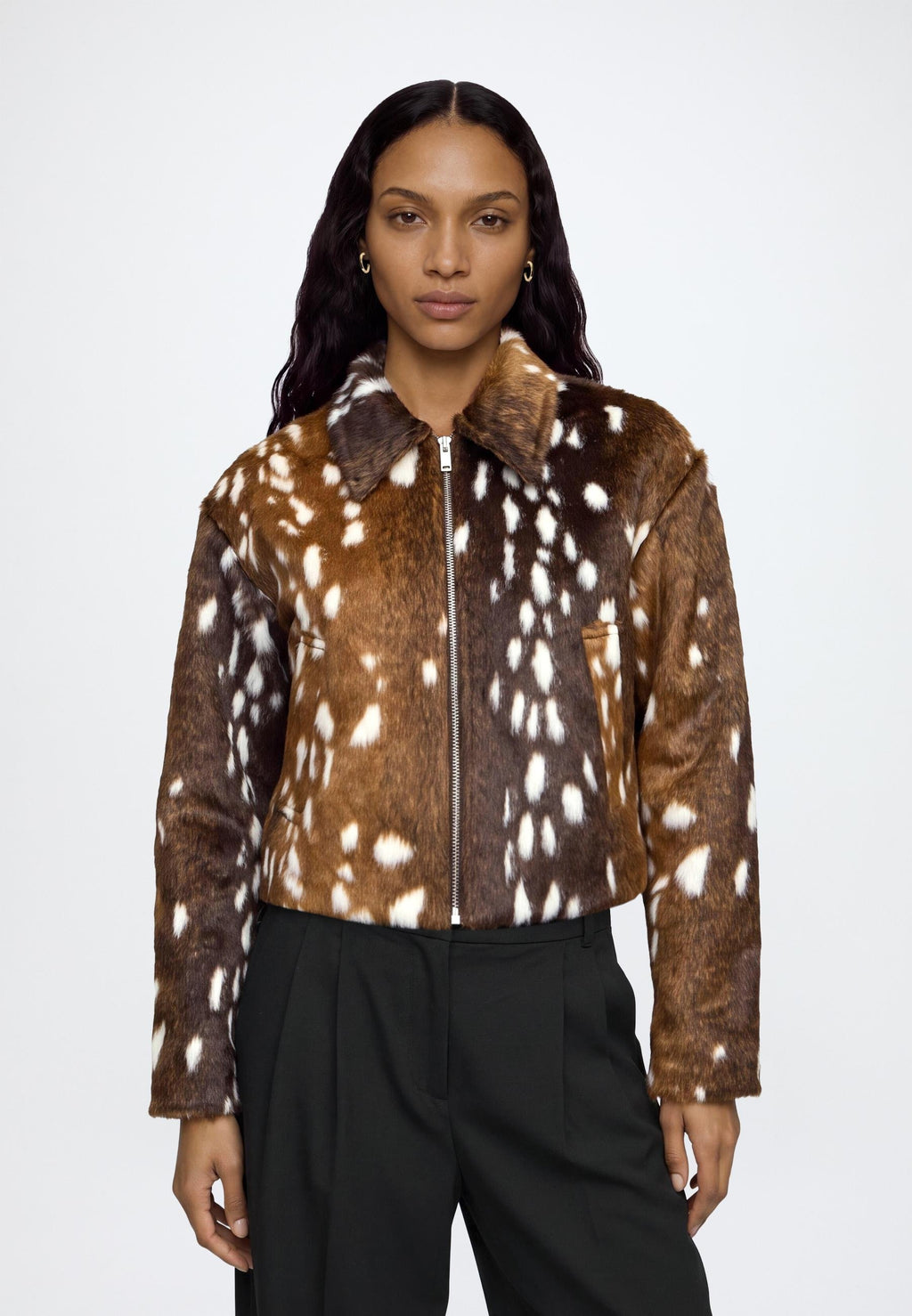 Margot | Women's Faux Fur Animal Print Jacket Turn Down Collar Zip Front Casual Winter Demitasse