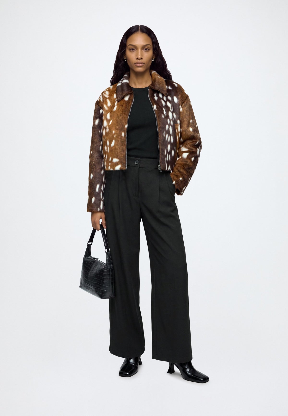 Margot | Women's Faux Fur Animal Print Jacket Turn Down Collar Zip Front Casual Winter Demitasse