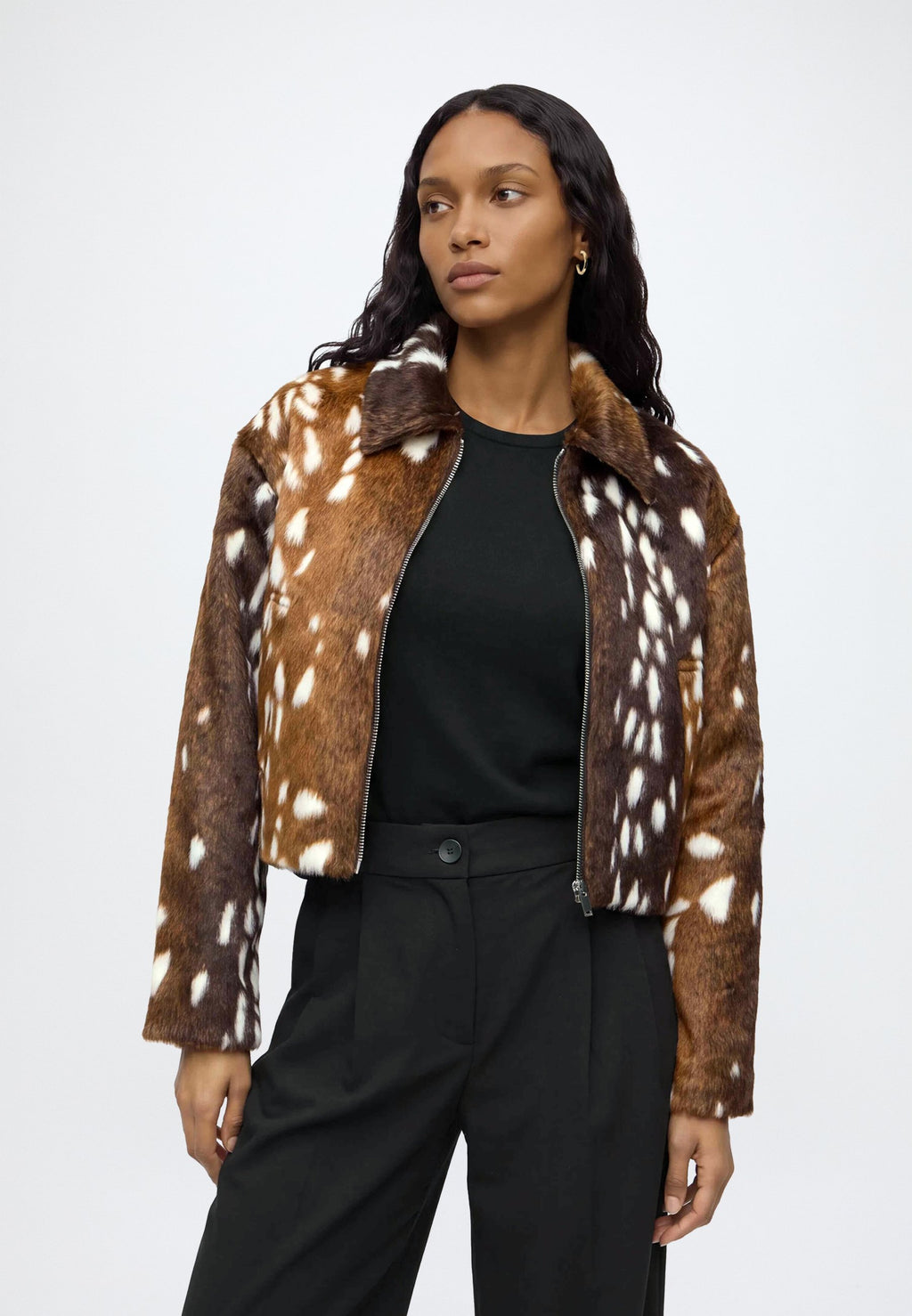 Margot | Women's Faux Fur Animal Print Jacket Turn Down Collar Zip Front Casual Winter Demitasse