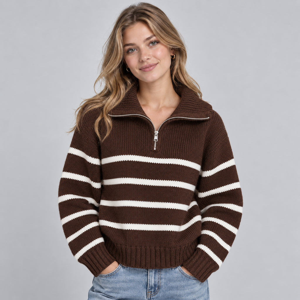 Marigold | Women's Half Zip Striped Funnel Neck Jumper Autumn Winter