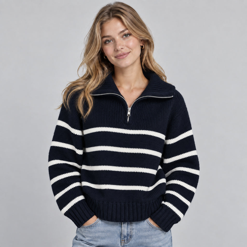 Marigold | Women's Half Zip Striped Funnel Neck Jumper Autumn Winter