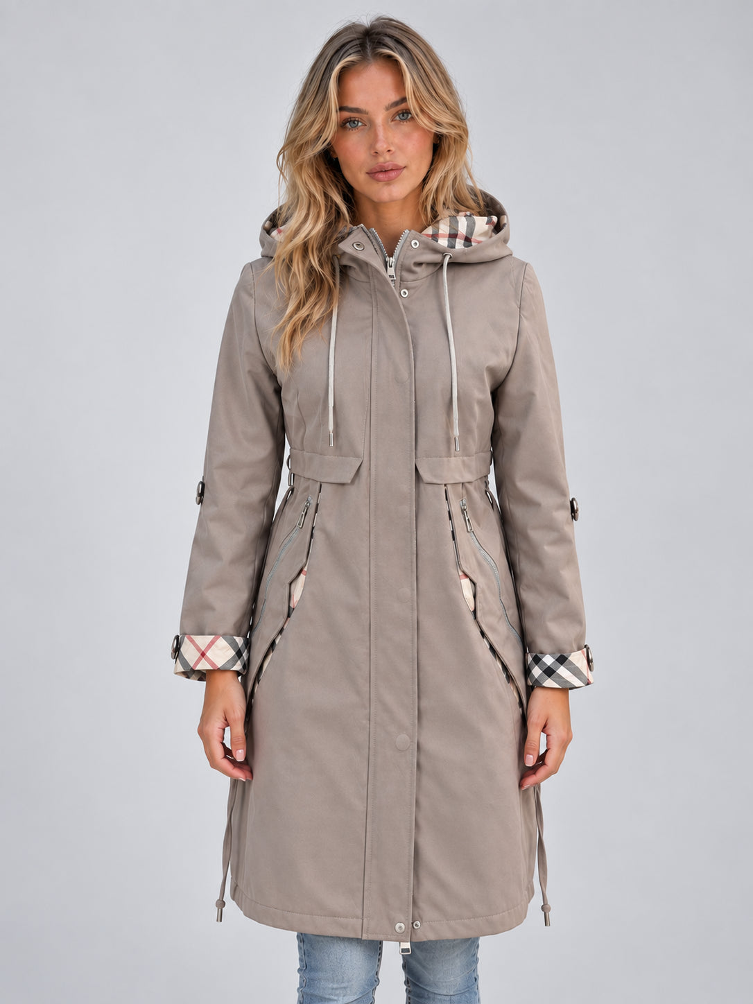 Marina | Women's Hooded Rain Coat Longline Parka Adjustable Drawstring Waist Autumn Winter