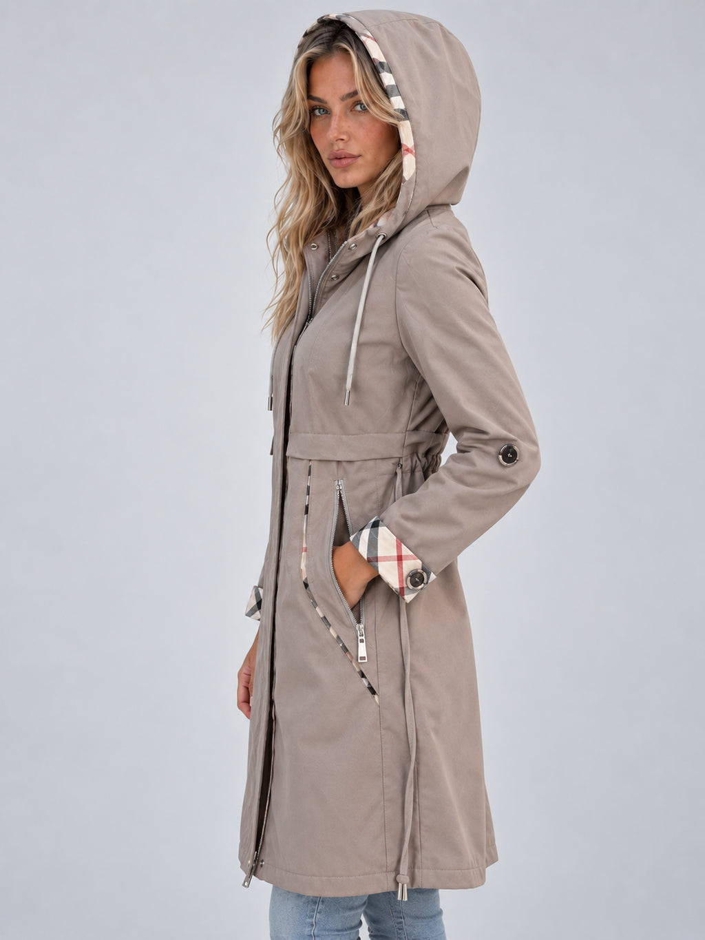 Marina | Women's Hooded Rain Coat Longline Parka Adjustable Drawstring Waist Autumn Winter