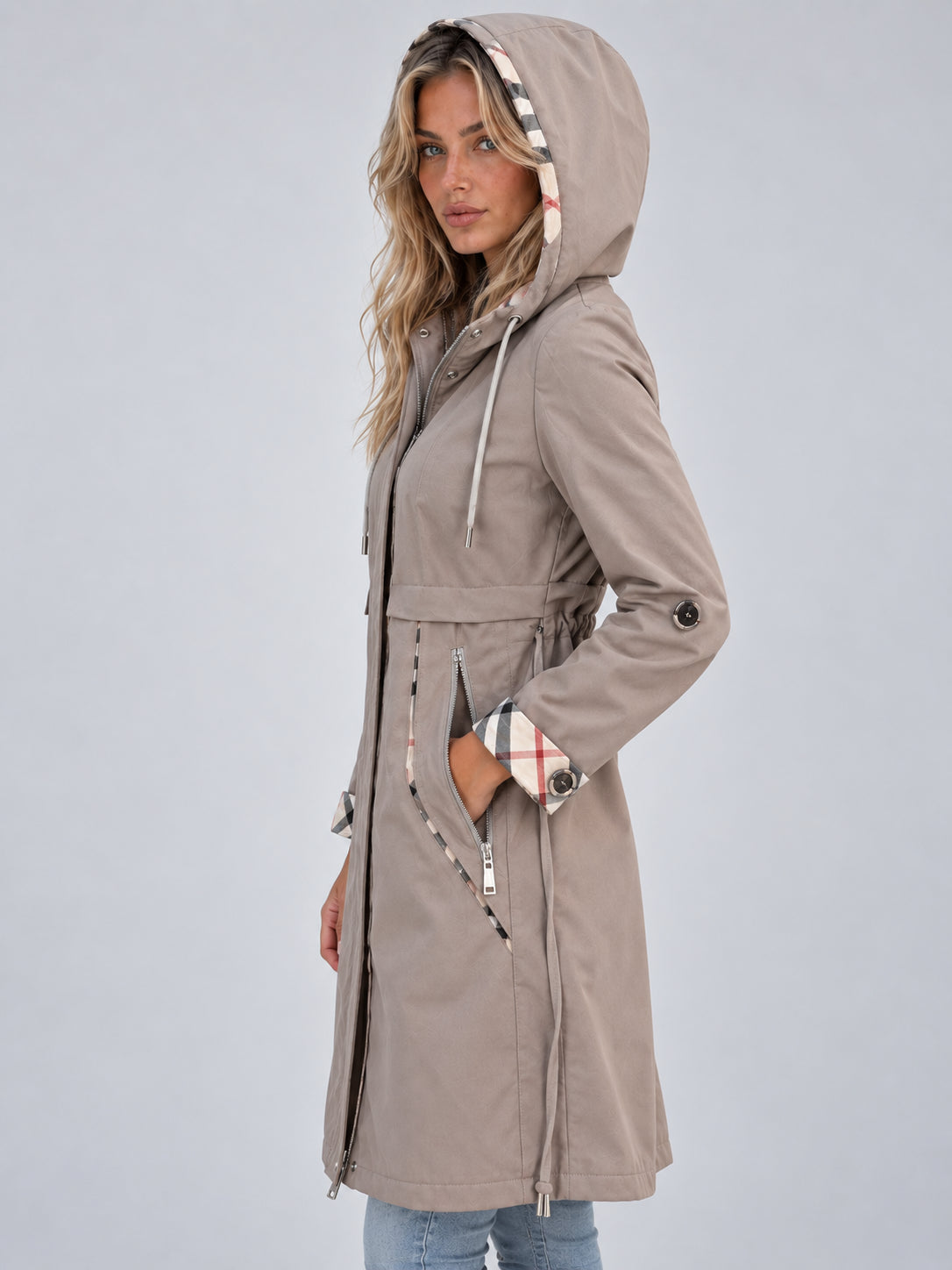 Marina | Women's Hooded Rain Coat Longline Parka Adjustable Drawstring Waist Autumn Winter