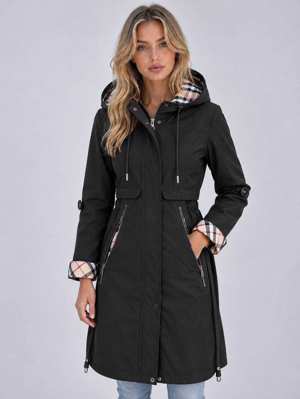 Marina | Women's Hooded Rain Coat Longline Parka Adjustable Drawstring Waist Autumn Winter