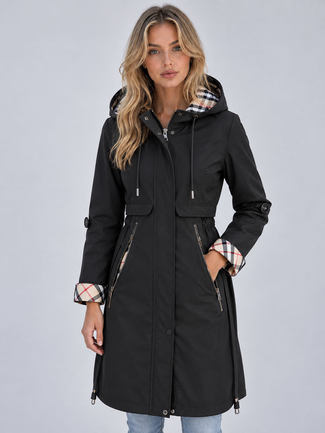 Marina | Women's Hooded Rain Coat Longline Parka Adjustable Drawstring Waist Autumn Winter