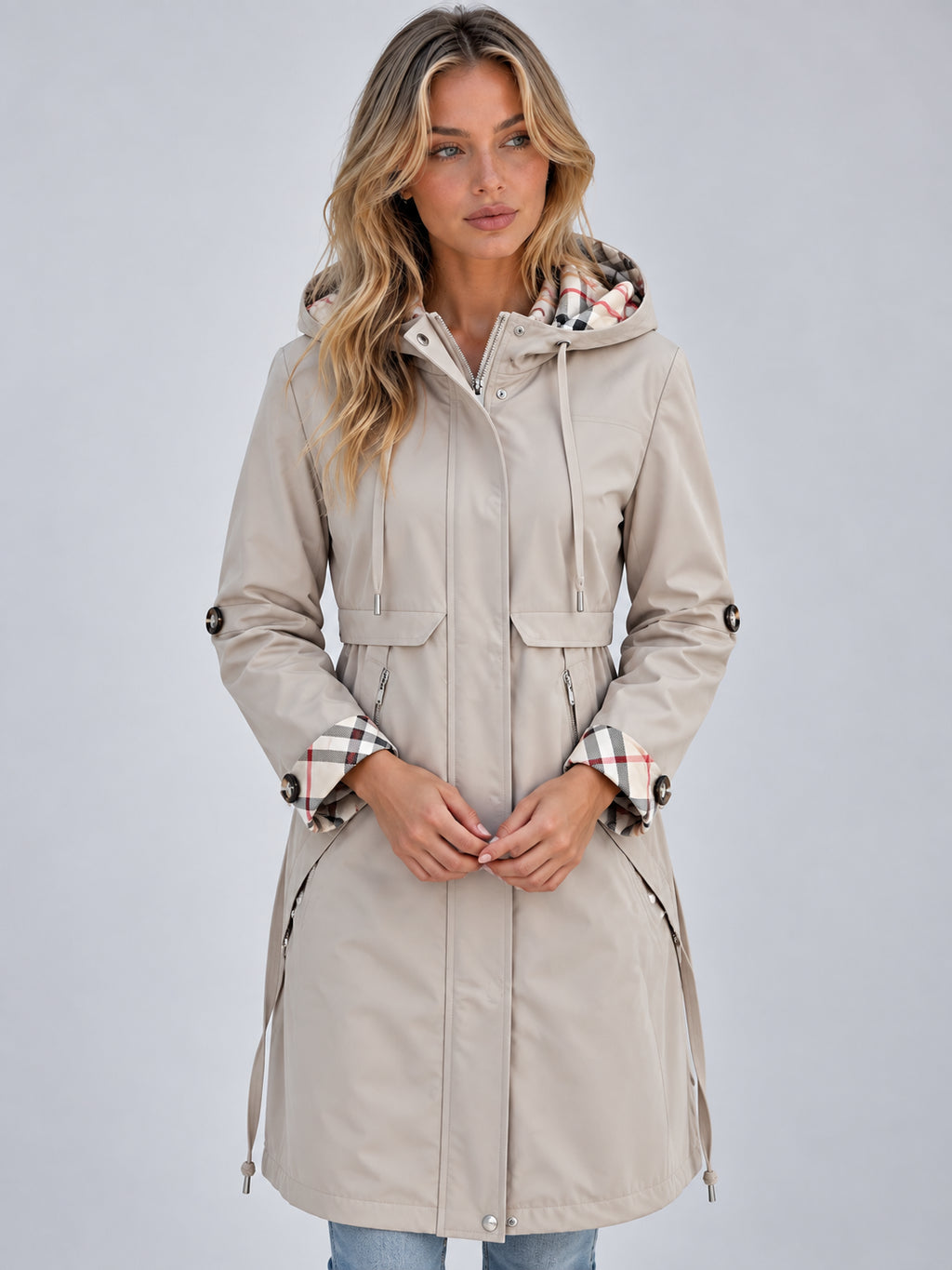 Marina | Women's Hooded Rain Coat Longline Parka Adjustable Drawstring Waist Autumn Winter