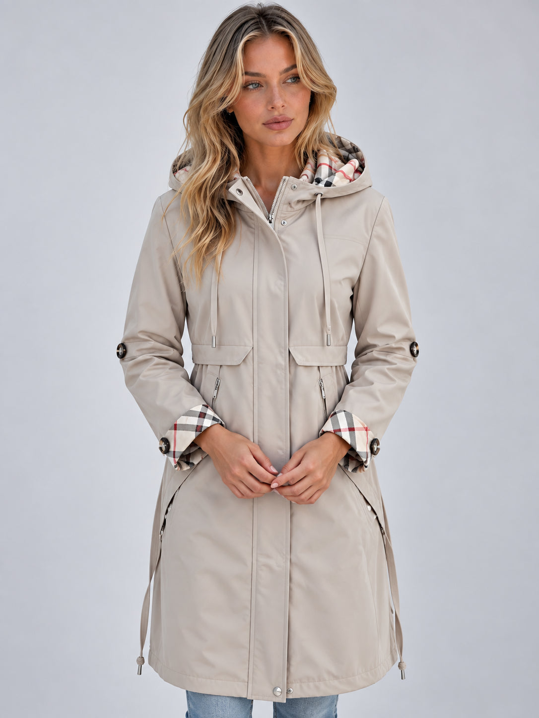 Marina | Women's Hooded Rain Coat Longline Parka Adjustable Drawstring Waist Autumn Winter