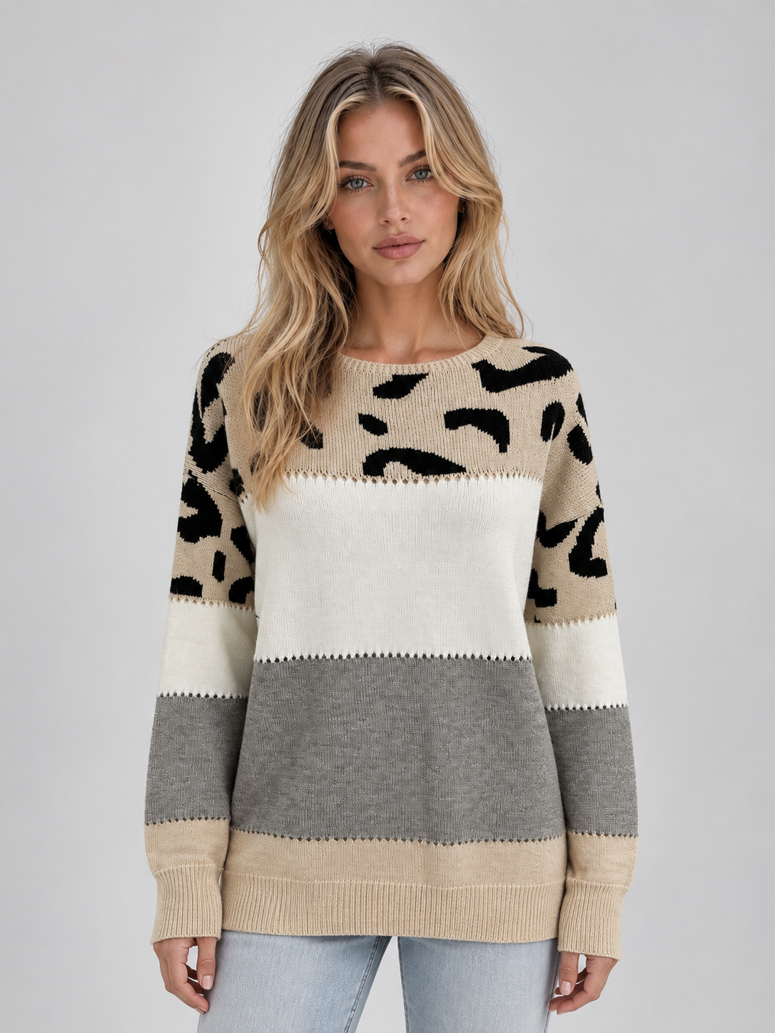 Mirabel | Women's Leopard Print Jumper Relaxed Crew Neck Knit Sweater