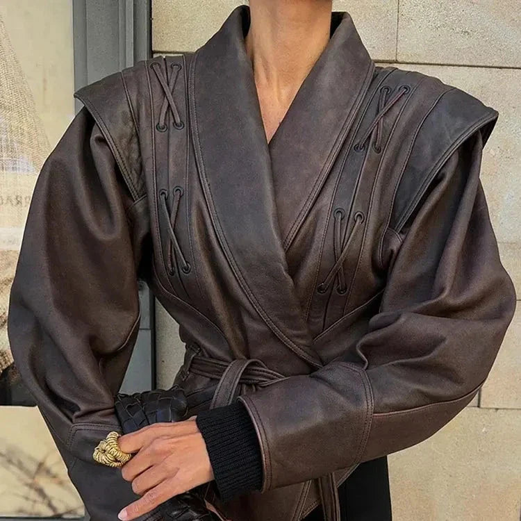 Noor | Women's Faux Leather Jacket Lace Up Structured Shoulders Autumn Winter