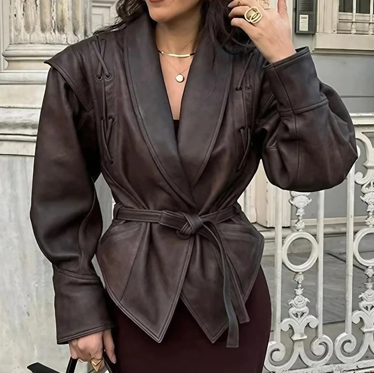 Noor | Women's Faux Leather Jacket Lace Up Structured Shoulders Autumn Winter