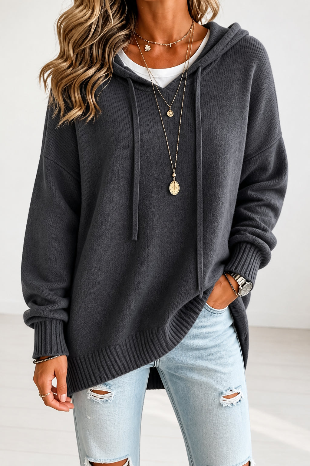 Nova Belle | Women's Oversized Drawstring Hooded Knit Sweater Casual Autumn Winter