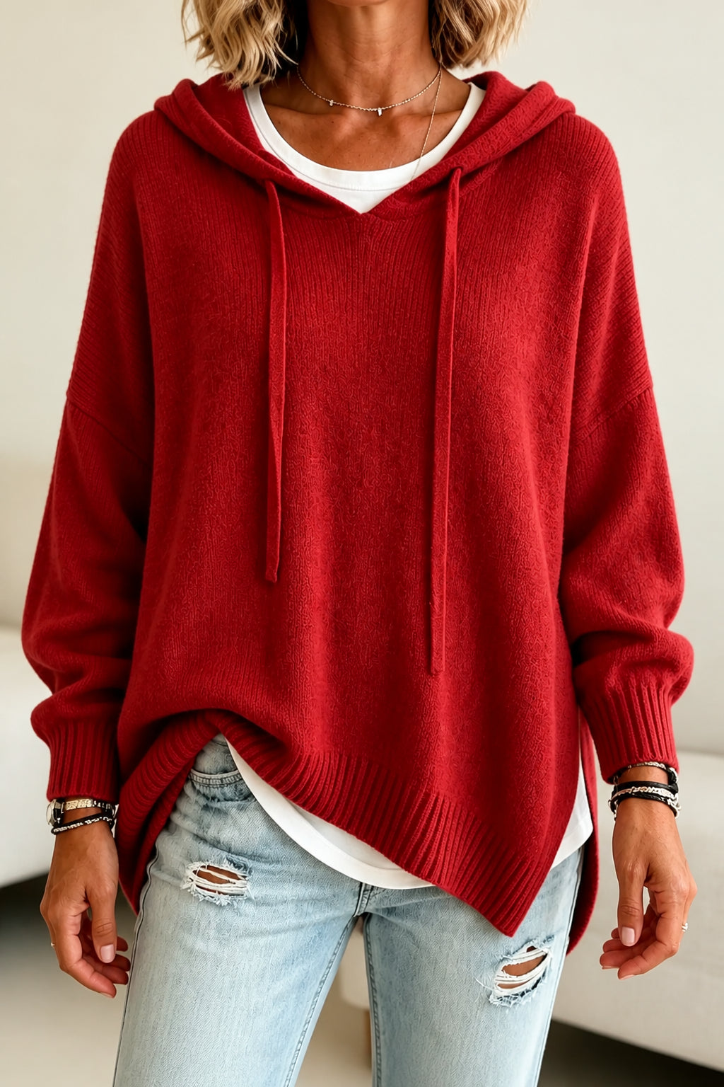 Nova Belle | Women's Oversized Drawstring Hooded Knit Sweater Casual Autumn Winter