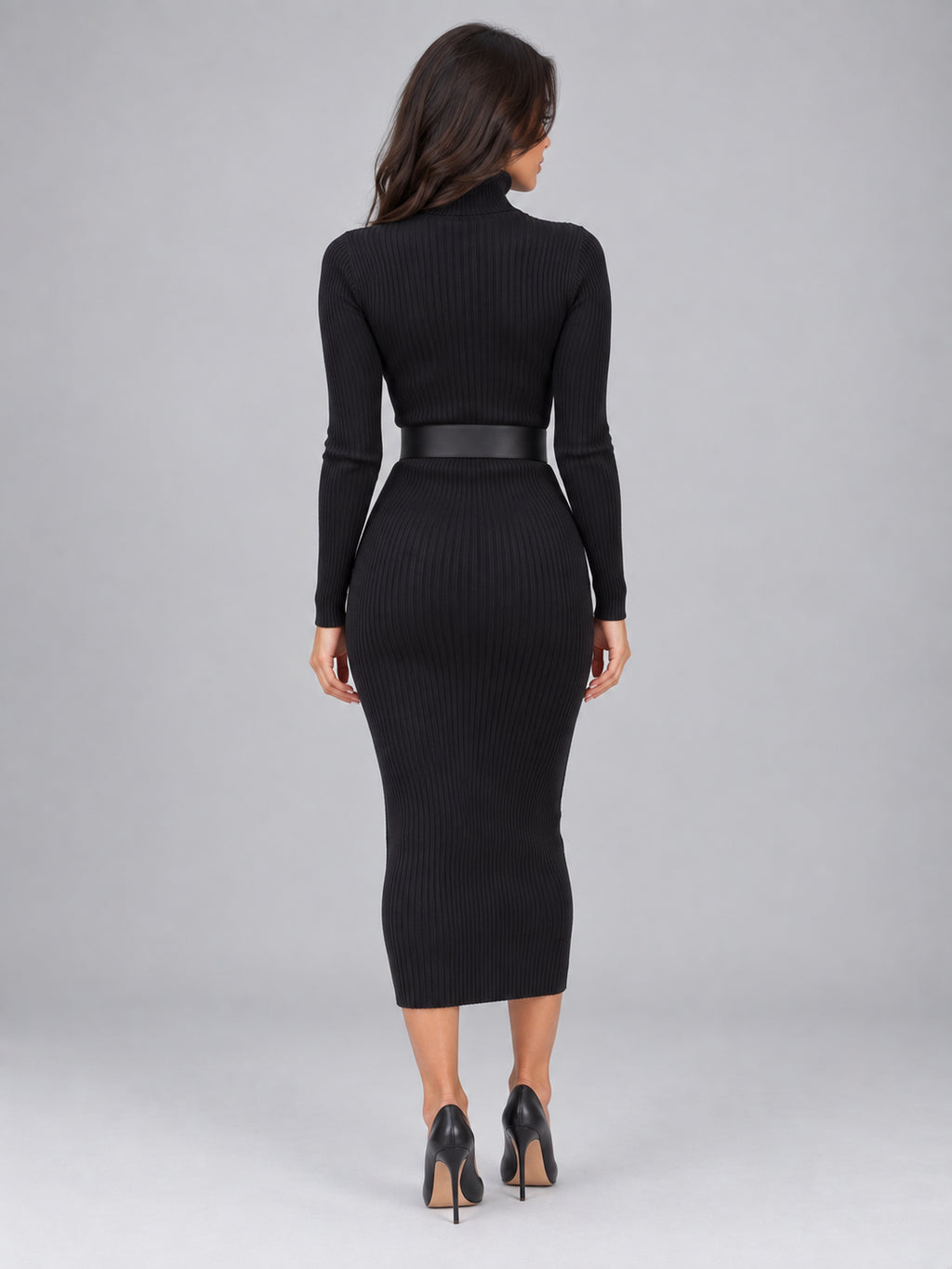 Odalys Belted | Women's Midi Dress Ribbed Knit Roll Neck Belted