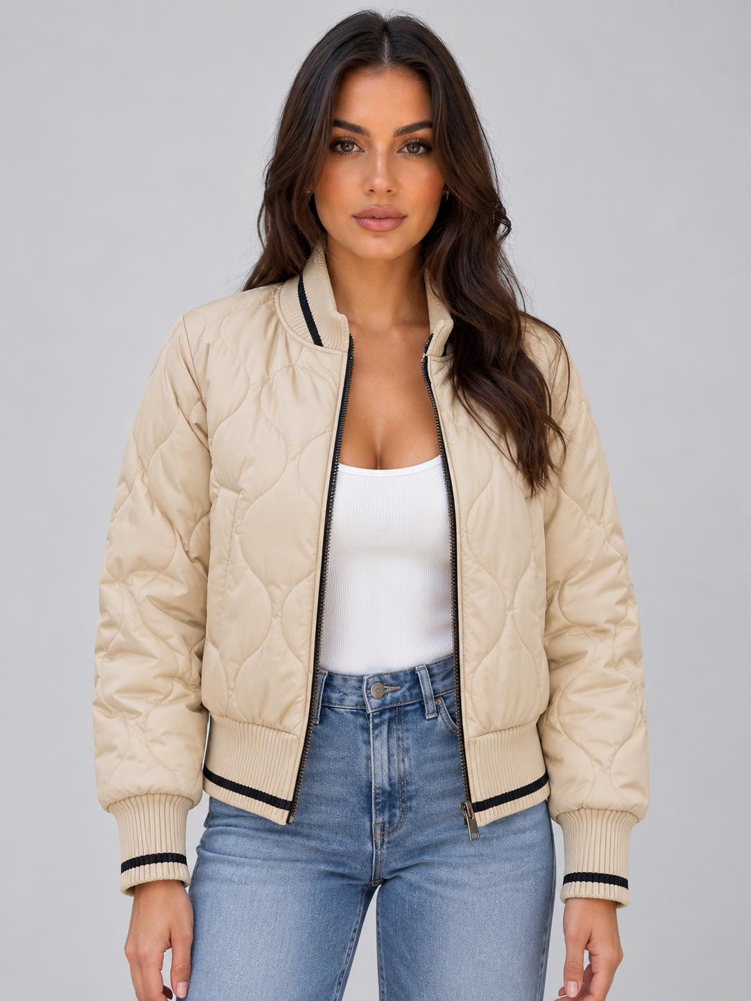 Odette | Women's Quilted Bomber Jacket Ribbed High Neck Zip-Up Coat