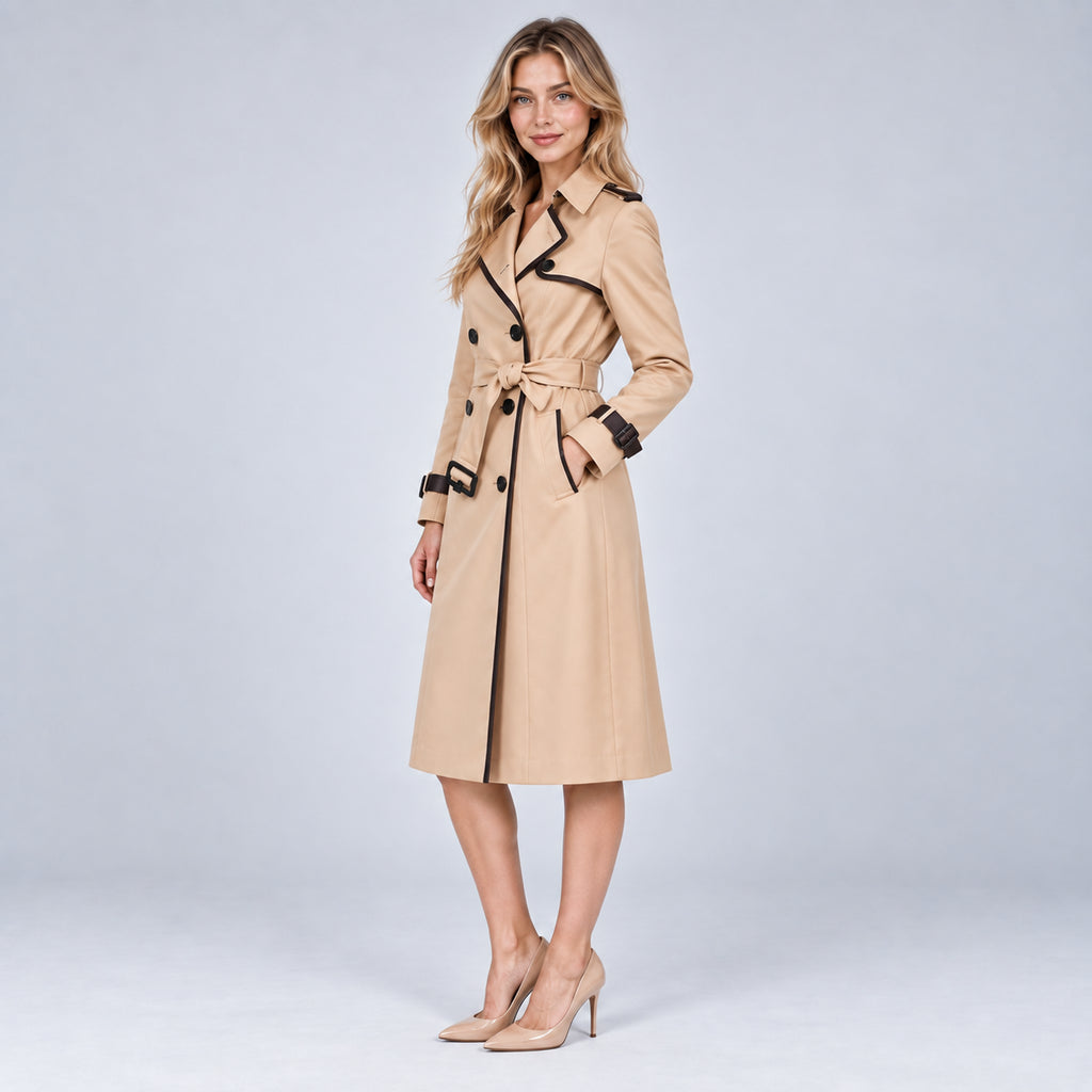 Odette | Women's Trench Coat Double Breasted Belted Longline Beige