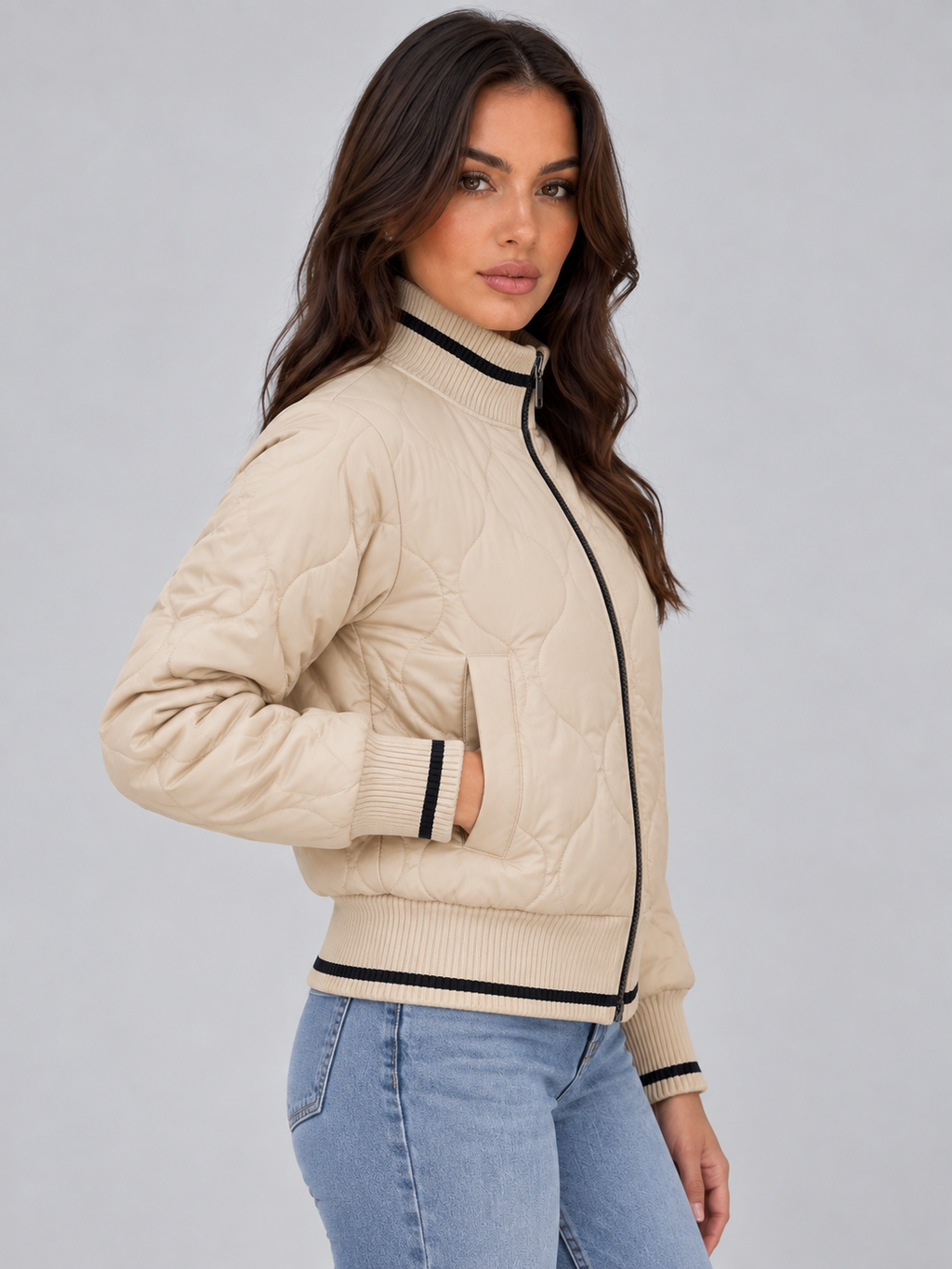 Odette | Women's Quilted Bomber Jacket Ribbed High Neck Zip-Up Coat
