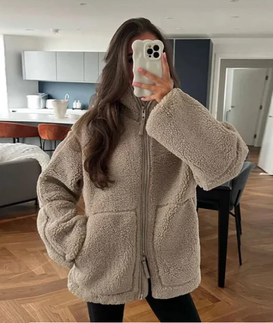 Paige | Women's Relaxed Fit Teddy Zip Up Jacket High Neck Winter