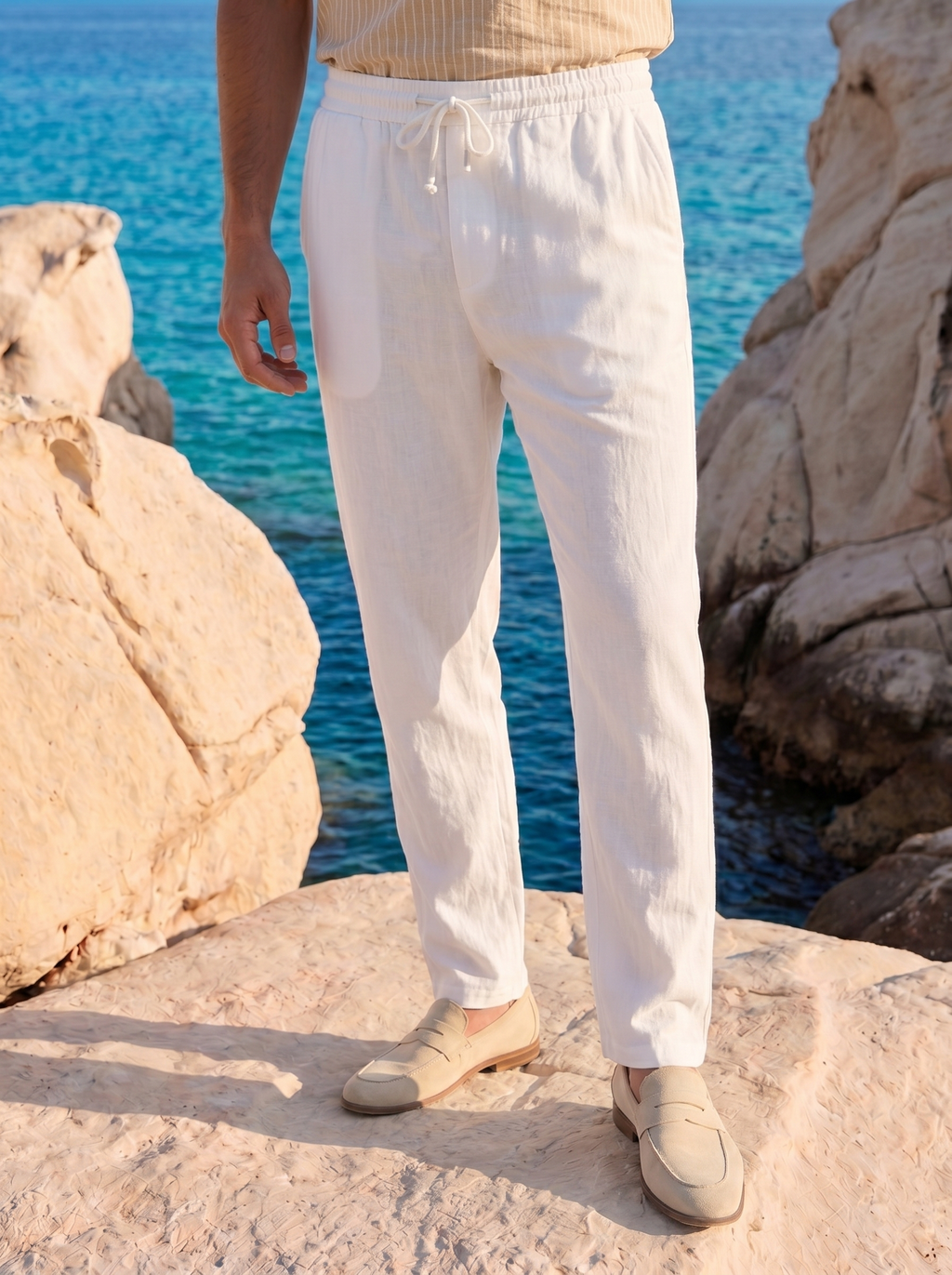 Reid | Men's Linen Drawstring Trousers, Casual Summer Pants - White
