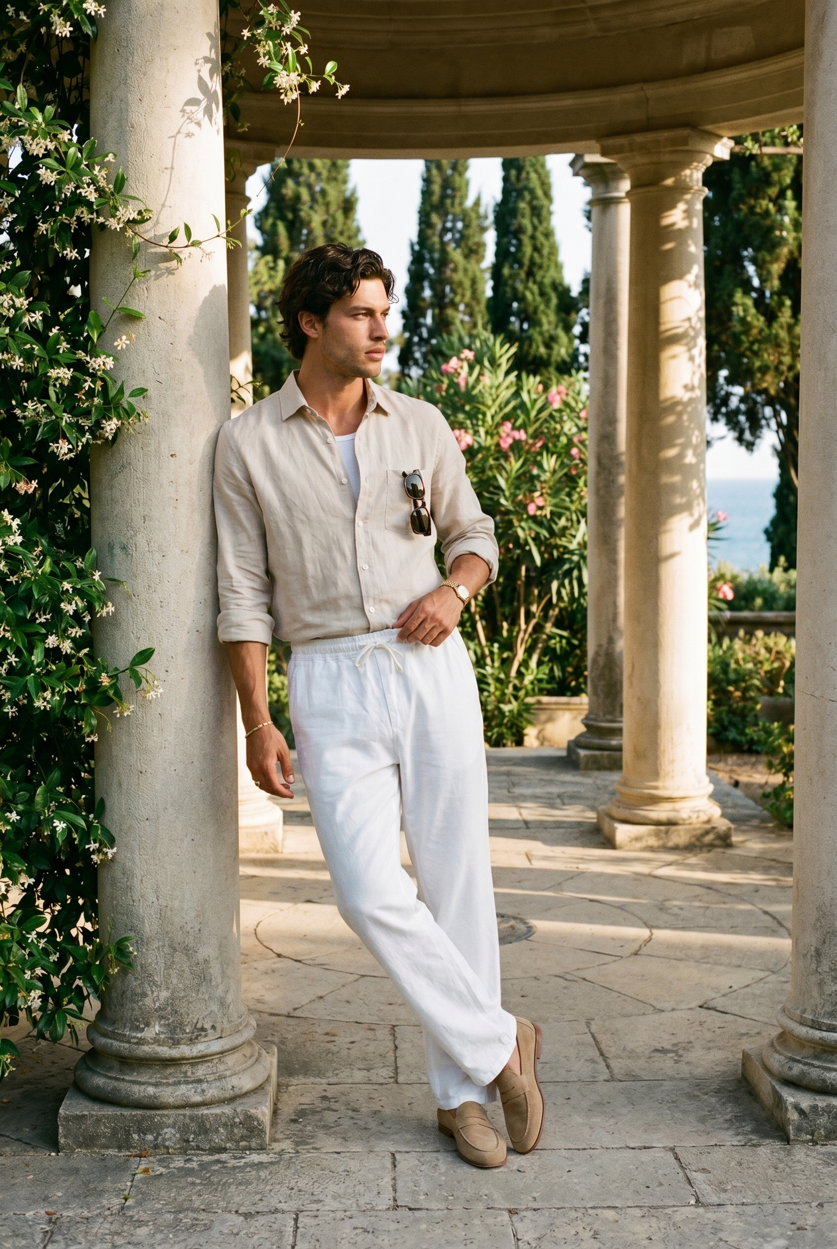 Emmett | Men's Cotton Linen Drawstring Trousers, Summer Pants - White